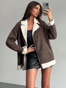 Aloruh 现代休闲保暖绒面羊毛和羊羔绒超大常规版型女式夹克 - 棕色 - 查看 3