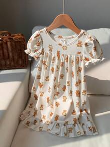 SHEIN Baby Girl Cute Slouchy Vibe Cartoon Bear Graphic Bubble Neck Ruffle Hem Knit Nightgown - Yellow - View 4