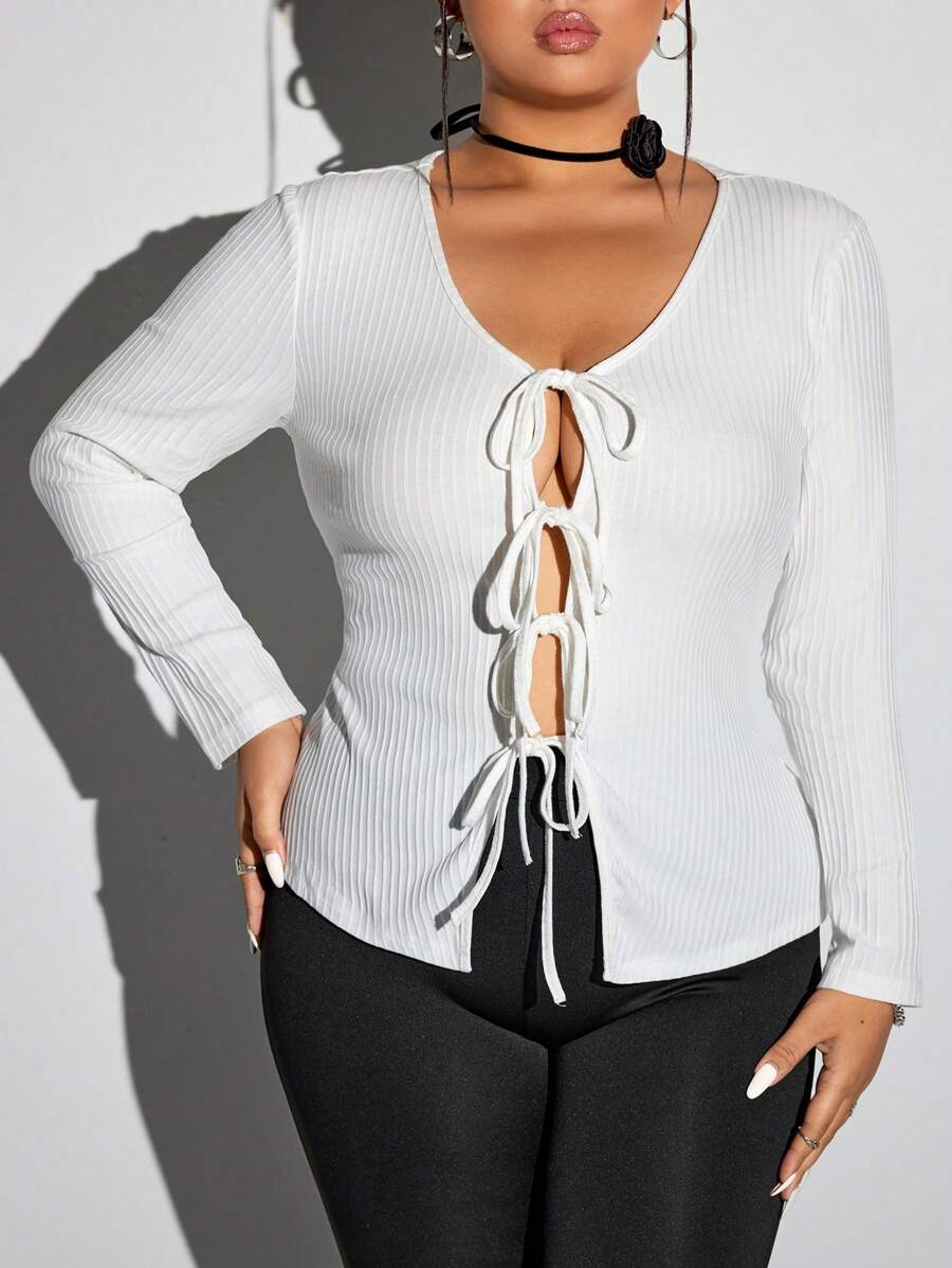 SHEIN ICON Plus Size Women's Solid Color Long Sleeve Casual Front Tie Top, Autumn - White - View 1