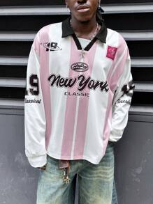 AXEPEAK Polo da uomo casual in jersey con stampa colorblock e lettera, abbigliamento casual da strada, autunno, maglietta grafica atletica a maniche lunghe da uscire a New York, per amici, streetwear