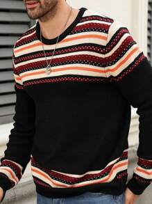 Manfinity Homme 男士休闲条纹圆领宽松长袖毛衣，秋冬 - 黑色 - 查看 1