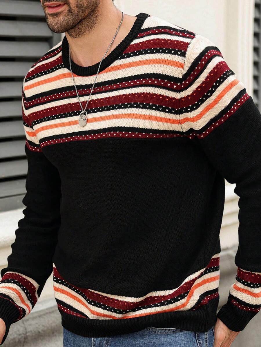 Manfinity Homme 男士休闲条纹圆领宽松长袖毛衣，秋冬 - 黑色 - 查看 1