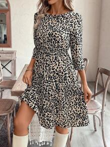 EMERY ROSE 女士豹纹圆领 3/4 袖荷叶边下摆休闲中长连衣裙 - 彩色 - 查看 6