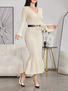 Modelyn Women Casual Minimalistic V-Neck Bell Sleeve Fish Tail Hem Ribbed Knit Sweater Dress
