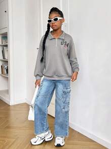 SHEIN Sudadera de manga larga cómoda con cuello de tripulación y estampado de letras suelta casual para niñas preadolescentes