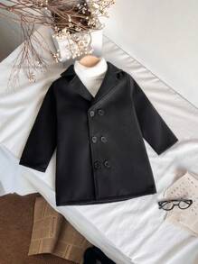 SHEIN 男婴休闲时尚双面翻领长袖双排扣大衣，外出、聚会、秋冬季保暖 - 黑色 - 查看 7