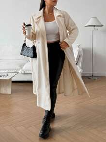 Flirla Plus Size Casual Lapel Flap Detail Loose Tweed Coat, Autumn Fall Cloth For Women - Apricot - View 3