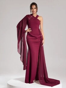 SHEIN Belle Rochie Roșu Bordeaux Formală Rochie Roșie Bodycon Cu Material Contrast Patchwork și Broderie, Rochie De Seară De Bal De Balul De Cercetători, Pentru Invitat Nunta, Absolvire, Cină - Burgundia - Vizualizare 1