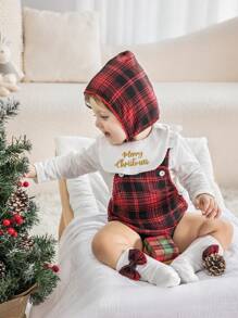 SHEIN Set di 5 pezzi di abbigliamento per neonata: cappellino ricamato, bavaglio, calze con fiocco, blusa con volant, tutina a quadri, caldo e confortevole per l' autunno e l' inverno all' aperto