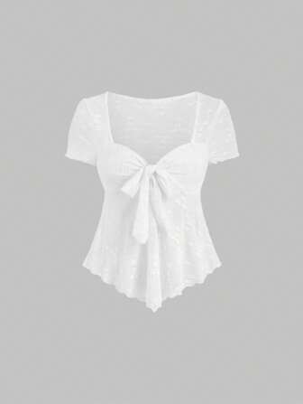 Sweetra Women's White Textured Mesh Bowknot Tie V-Neck Short Sleeve T-Shirt, Versatile Hot Lady Style For Holiday Party Clothes