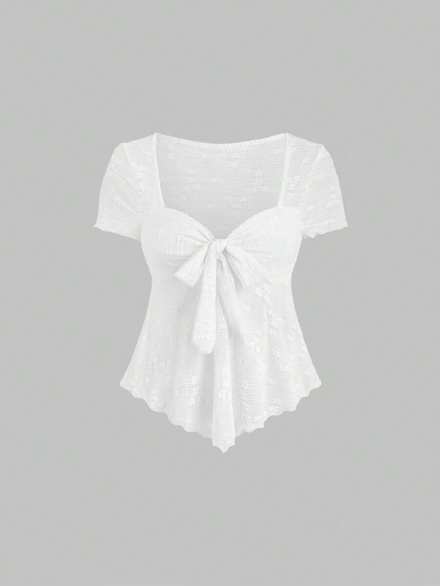 Sweetra Áo thun nữ cổ chữ V tay ngắn thắt nơ lưới họa tiết màu trắng, phong cách quý cô nóng bỏng đa năng cho trang phục dự tiệc ngày lễ - trắng - Xem 1