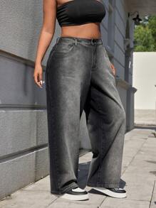 SHEIN EZwear Plus Size Casual Denim Washed Gradient Loose Jeans - Black - View 3