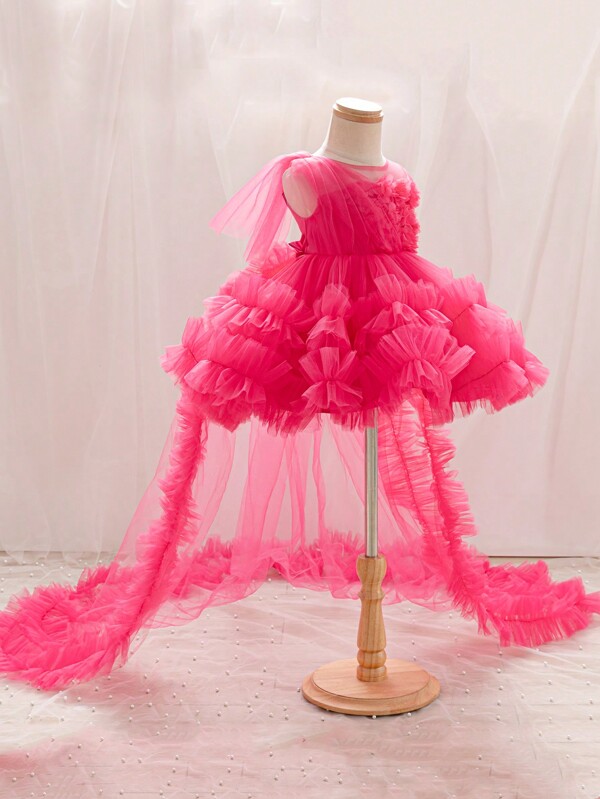 Glamorique Kids Kleine Mädchen Weihnachtsmannkleid für Weihnachtsfeiern, Neujahrskleid, Festkleid für die vier Jahreszeiten, ärmelloses Ballkleid aus Tüll, weihnachtliches Prinzessinnenkleid mit Netzmuster in Fuchsia