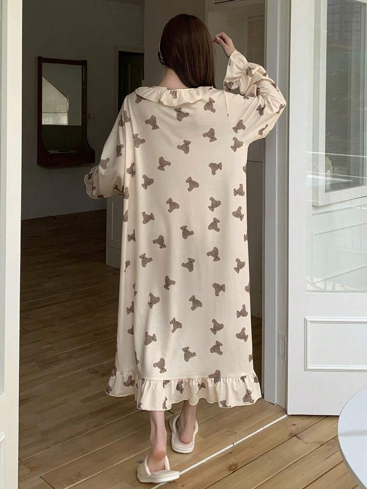 Bear Pattern Cute Ruffle Trim Loose Nightgown Pajama, Moo Moo, Fall, Winter