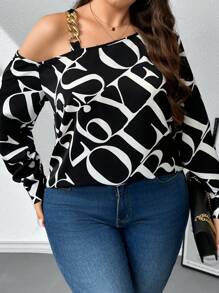 SHEIN Privé Plus Letter Graphic Chain Detail Asymmetrical Neck Blouse