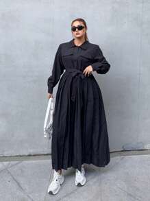 Flirla Plus Size Women Solid Color Belt Decor Casual Long Sleeve Pleated Dress - Black - View 4
