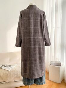 SHEIN Frenchy 大码秋季长款外套，格子外套，外出装，机场装，大翻领外套，前扣长袖平领长款休闲外套，适合冬季 - 彩色 - 查看 5