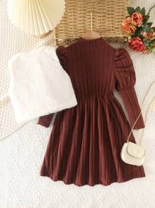Elladie kids Kleine Mädchen Hochgeschlossenes Eleganz-Lady-Kleid mit aufgeblähten Ärmeln, taillierter Taille, einfarbig, flauschiger gerippter Stoff & rundhals kurze pelzige Schleife Weste, Herbst/Winter 2-teiliges Set
