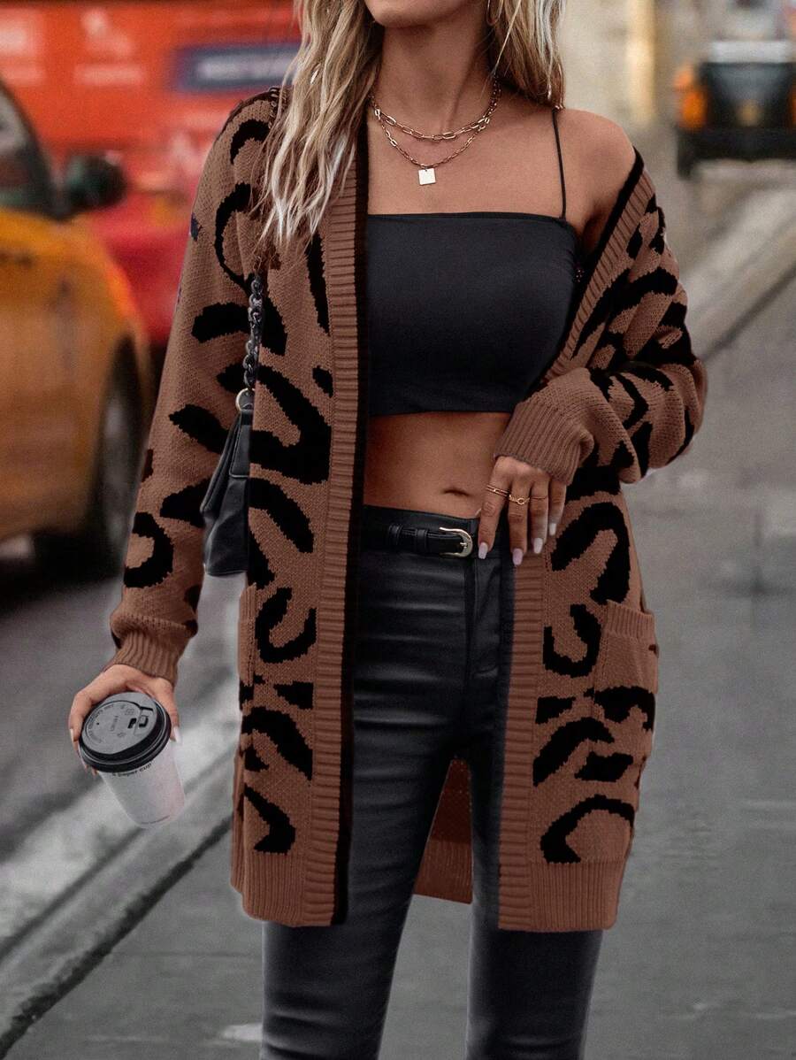 EMERY ROSE Women's Long Sleeve Leopard Print Casual Loose Cardigan , Brown Cardigans In Women,Long Sleeve Tops Fall Winter Cloth For Women - Brown - View 1