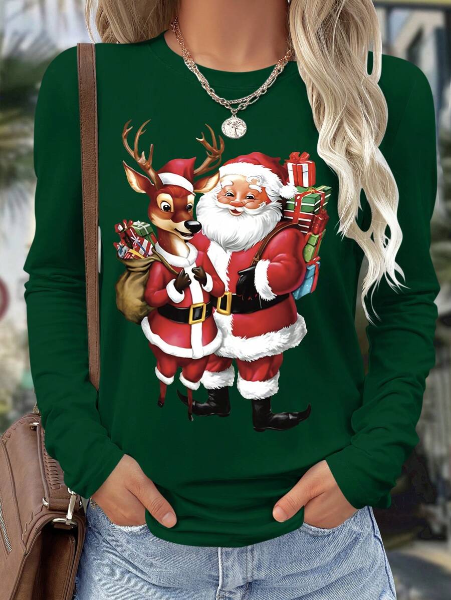 SHEIN LUNE 洛杉矶英语性感时尚休闲舒适街头修身塑身家居时尚秋冬春季休闲街头连帽抓绒卫衣图案T恤女上衣 - 綠色 - 查看 1