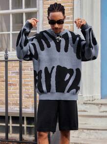 Men's Pattern Print Crew Neck Long Sleeve Sweater And Knit Shorts Casual Loose Suit, Fall/Winter