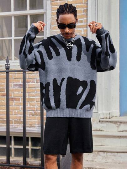 Herrmönster med rund hals och långärmad tröja och stickade shorts Casual lös kostym, höst/vinter