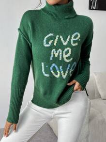 Chiquease Suéter casual de mujer con estampado de letras y cuello alto, para otoño/invierno, jersey de punto - Verde Oscuro - Ver 6