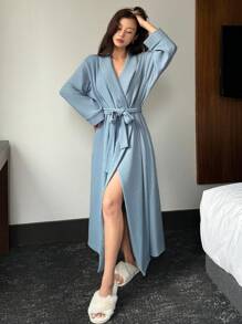 DAZY Soft Knit Solid Color Belted Loose Long Sleeve Robe Pajama - Blue - View 5