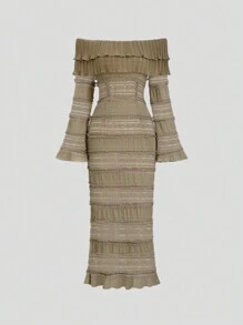 Sweetra 1 chiếc váy xòe tay loe ren trễ vai màu be - Cà phê - Xem 1