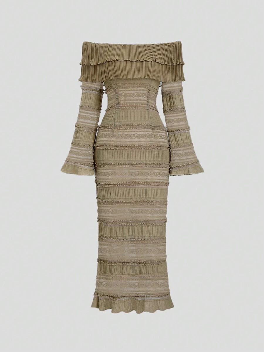 Sweetra 1 chiếc váy xòe tay loe ren trễ vai màu be - Cà phê - Xem 1