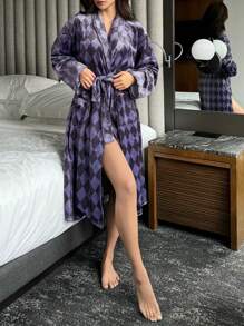 DAZY Flannel Plaid Pattern Print Loose Robe Loungewear, Winter,Fleece Lined Pajama