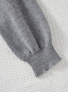 SHEIN Tween Girl 休闲串珠宽松高领毛衣和优雅荷叶边下摆中裙套装，花卉灰色 - 深灰色 - 查看 5