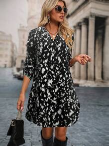 SHEIN LUNE 休闲全印花长袖 A 字下摆连衣裙，秋季 - 黑色 - 查看 1