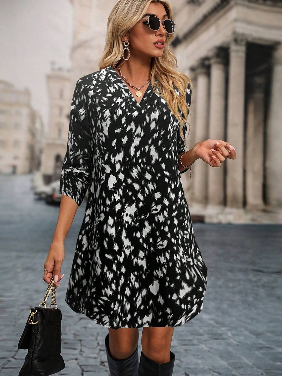 SHEIN LUNE 休闲全印花长袖 A 字下摆连衣裙，秋季 - 黑色 - 查看 1