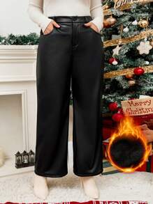 SHEIN LUNE 大码冬季纯色前扣口袋简约设计休闲羊毛保暖皮裤，日常穿着 - 黑色 - 查看 7