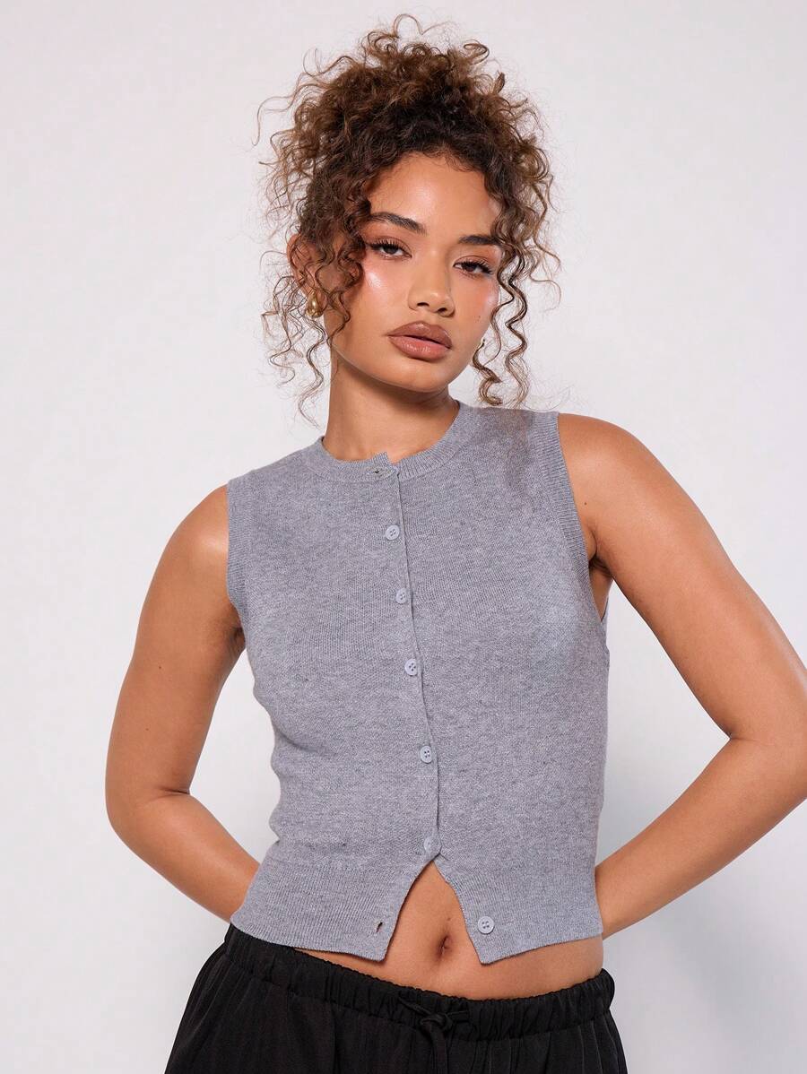 MUSERA Button Up Sleeveless Knit Top - Grey - View 1
