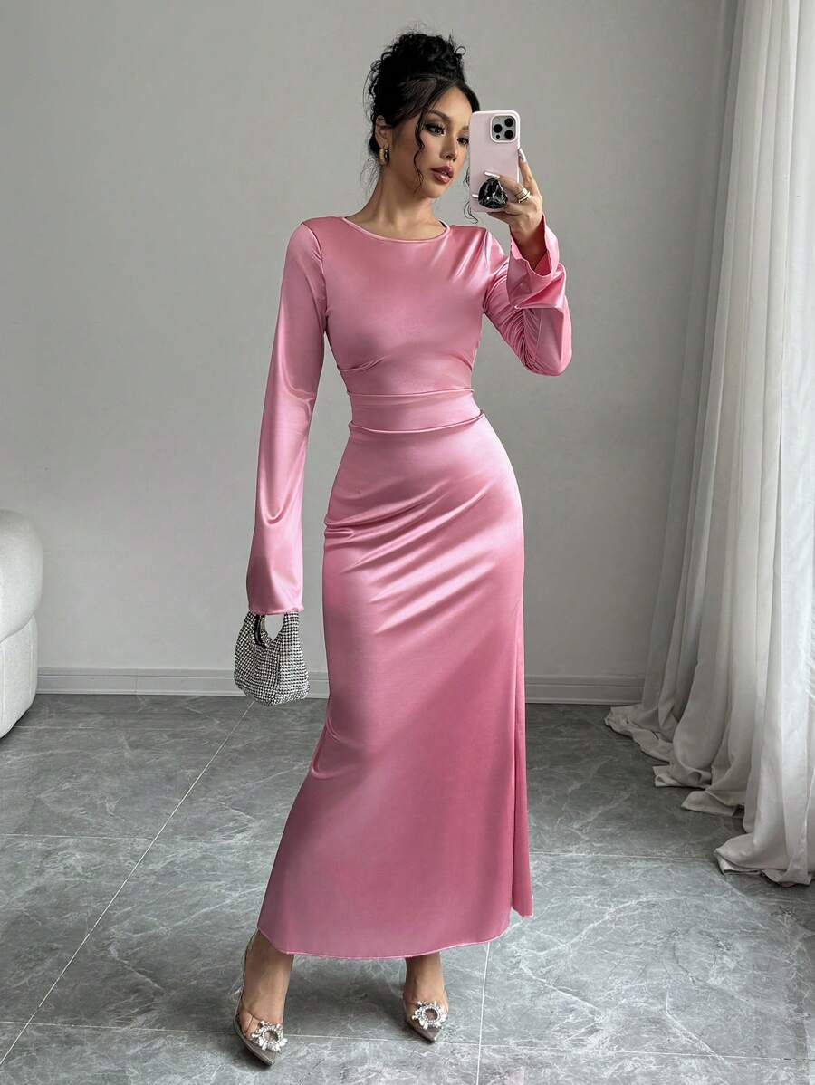 Elenzga 女士喇叭袖腰部荷叶边褶皱长裙超长款女装 - 粉色 - 查看 1