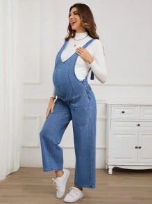 SHEIN Maternity Non-Stretch Casual Straight Leg Denim Bib Overalls