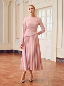 ZEYLAH SOLID RUCHED WAIST PLEATED HEM DRESS