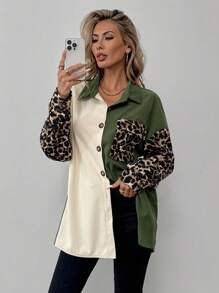 SHEIN LUNE Casual Collared Patchwork Leopard Print & Corduroy Fabric Jacket, Versatile Daily Outerwear - Multicolor - View 3