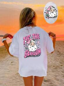 Áo phông in chữ cơ bản cỡ lớn họa tiết ô vuông, tia chớp và ông già Noel cho bé gái tuổi mới lớn - trắng - Xem 1