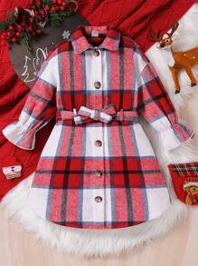 SHEIN Young Girls' Plaid Oversized Drop Shoulder Mid-Length Coat With Belt, Warm And Long Sleeve, Great For Casual & Daily Wear & School Daily In Autumn & Winter, For Christmas, Party Wear, Fashion Girls - Multicolor - View 6