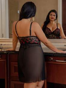 2 件/套大码性感蕾丝和网眼插入吊带裙带钢圈，包括睡衣裙和裤子 - 彩色 - 查看 2