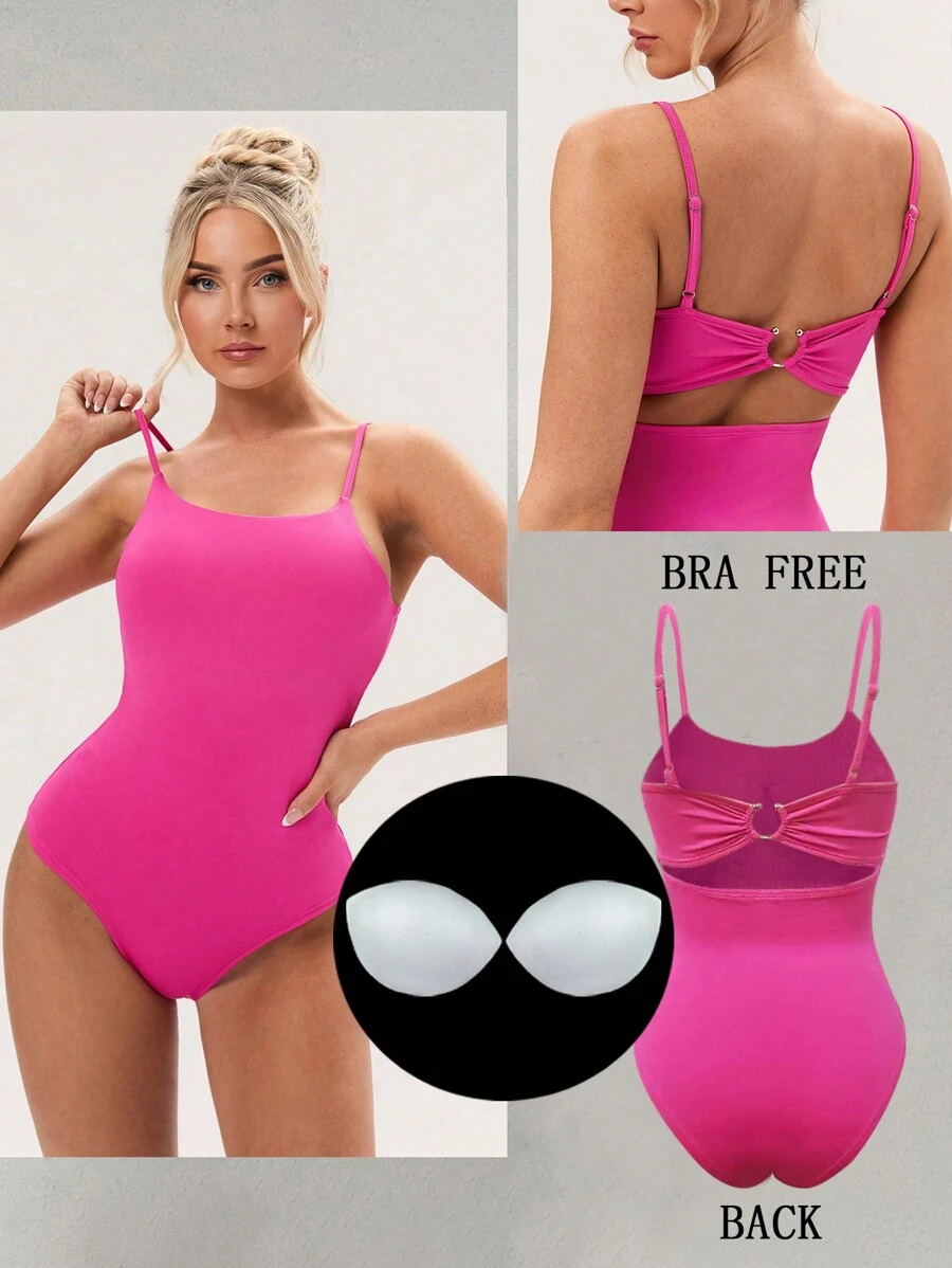 Zolique Body feminino sem costas com anel de metal e sutiã acolchoado - Rosa Quente - Ver 1