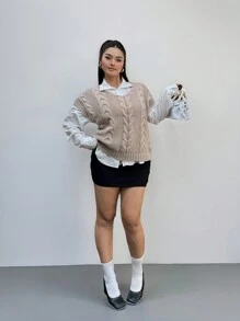 Calvaya Plus Size Solid Color Loose Knit Cardigan Vest, Casual And Versatile For Autumn/Winter - Camel - View 6