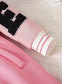 SHEIN 年轻女孩卡通刺绣羊毛半开领拼接连帽长款连体裤，时尚运动休闲装，适合外出，春秋季 - 粉色 - 查看 8