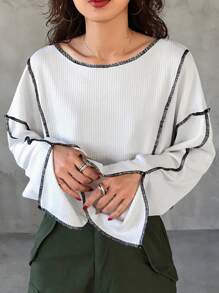 FRIFUL 女士拼色装饰圆领长袖简约 T 恤，休闲日常穿着 - 白色 - 查看 4