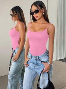 INAWLY Bodysuit For Women, Sexy Backless And Fitted Design, Summer - Pink - View 3