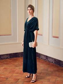 ZEYLAH VELVET V-NECK BATWING SLEEVE FAUX PEARL TRIM LONG DRESS - Dark Green - View 4