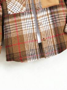 SHEIN Young Boy Plaid Pocket Single-Breasted Hooded Casual Jacket, Spring Autumn - Brown - View 3